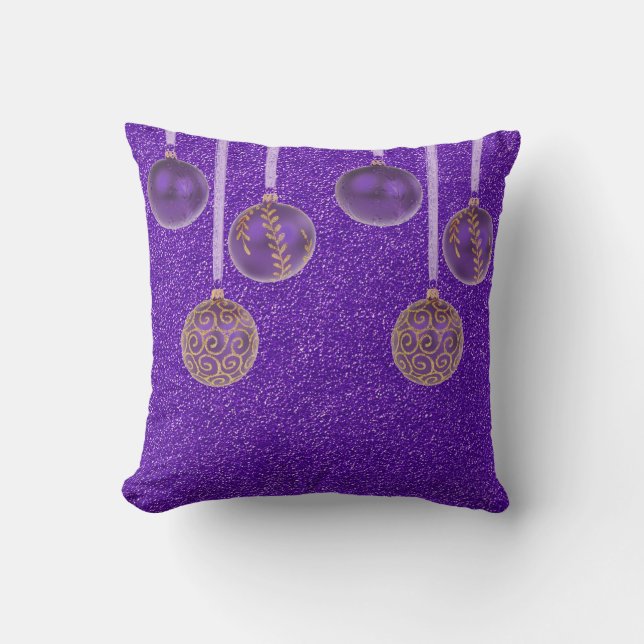 Feliz Navidad Borlas Moradas Brillo Almohada Dorad (Anverso)