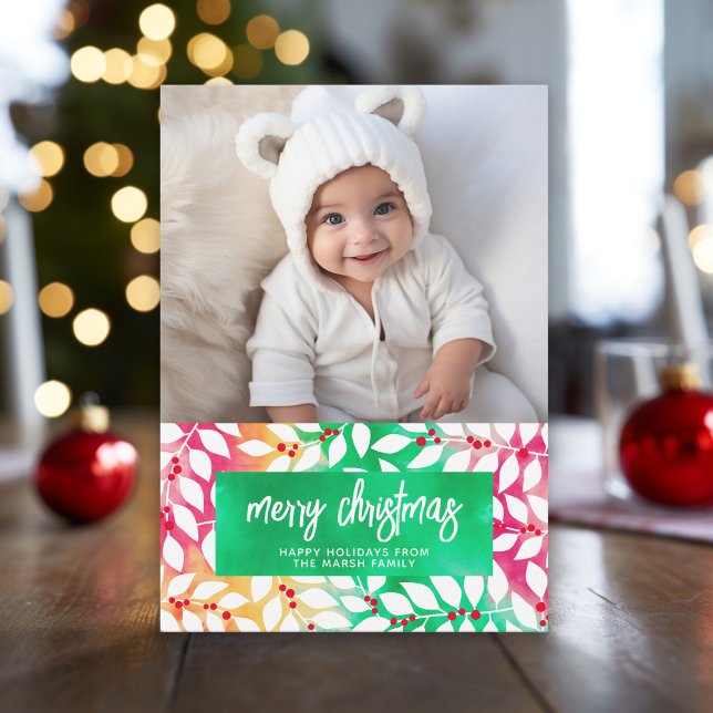 Feliz Navidad Botánica Cheery Tye - Foto (Tie Dye Christmas Card with 1 photo and eclectic patterns - print and download options)