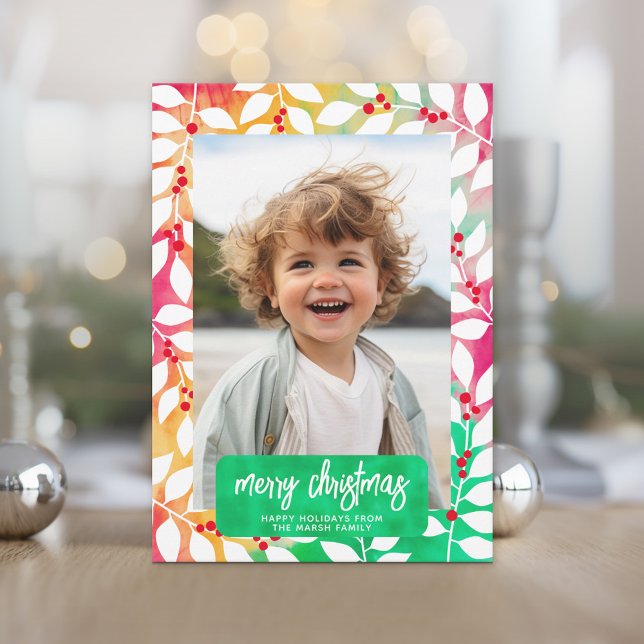 Feliz Navidad Botánica Cheery Tye - Foto (Retro Tie Dye Pattern Christmas Card. Add a little color to your holiday with this online photo card)