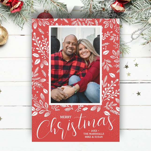 Feliz Navidad Botánica Foto Roja (White botanicals on red Merry Christmas photo holiday cards, PRINTED and/or INSTANT DOWNLOAD)