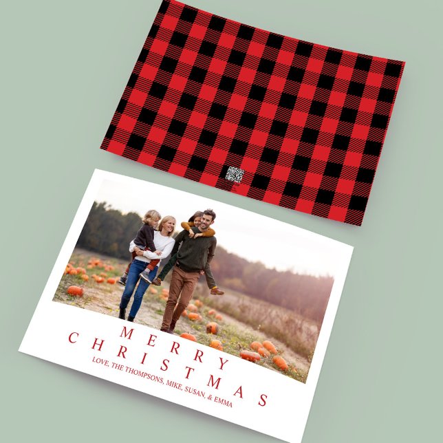 Feliz Navidad Búfalo Comprobar una foto (Merry Christmas red and black buffalo check typography multi photo greeting card. )