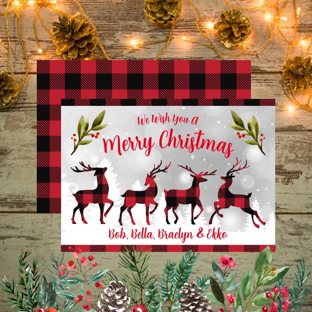 Feliz Navidad Búfalo Pintado de Renos (Merry Christmas Buffalo Plaid Reindeers Holiday Card)