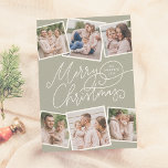 Feliz Navidad Caligrafía Sage Green 6 Fotos<br><div class="desc">¡Difundan alegría por las vacaciones con esta encantadora tarjeta de foto de Navidad verde sabio! El frente presenta "Feliz Navidad" en una divertida caligrafía escrita a mano, con el nombre de tu familia y el año escondido en uno de los florecientes. Añade un toque personal con seis fotos personalizados —...</div>