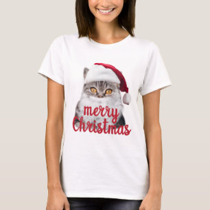 feliz navidad camiseta de gatito santa para mujere