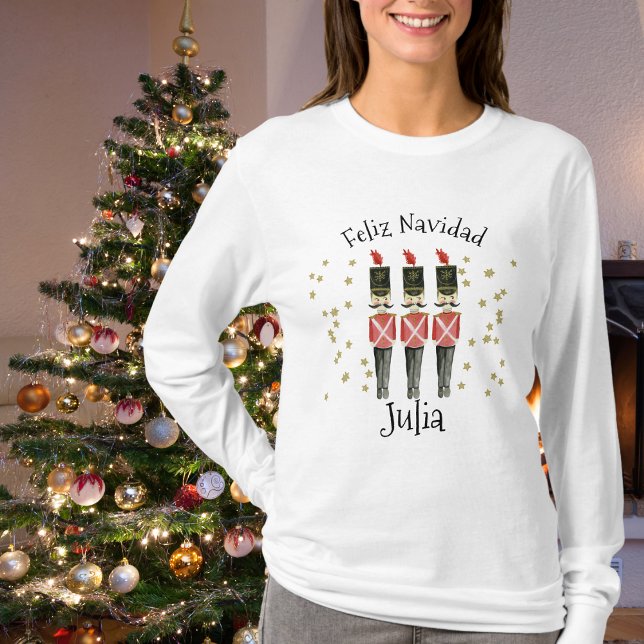 Feliz Navidad Camiseta de Navidad para Damas con N (Feliz Navidad Ladies Christmas Shirt With Name)