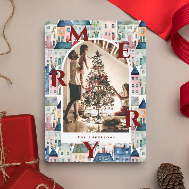 Feliz Navidad Casas de Acuarela Roja Foto Arco   (Subido por el creador)