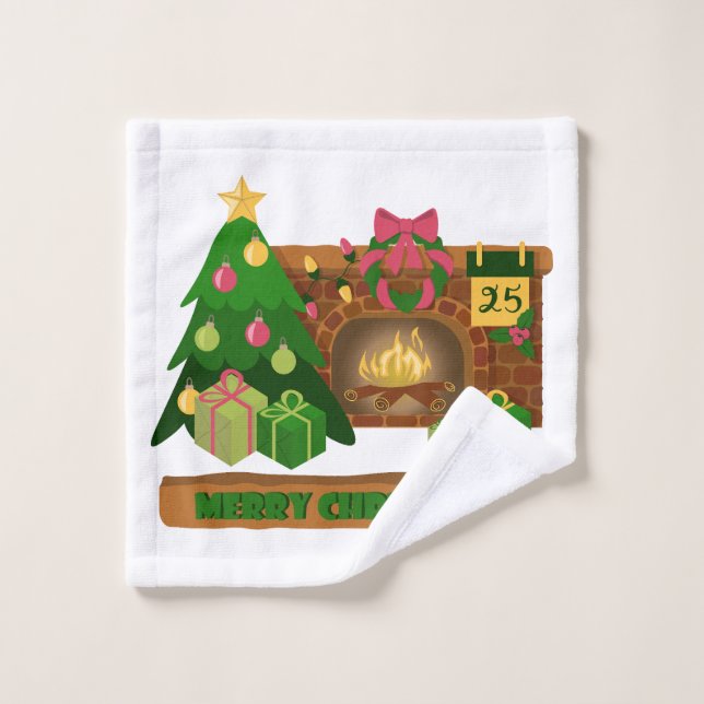 Feliz Navidad cerca de la chimenea de fuego árbol  (Toallita)