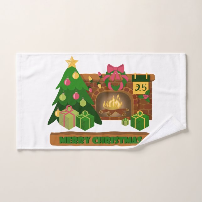 Feliz Navidad cerca de la chimenea de fuego árbol  (Toalla de mano)