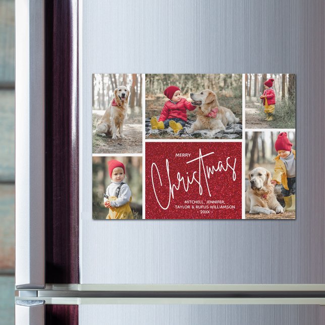 Feliz Navidad Cinco Fotos Tarjeta Magnética (Merry Christmas Five Photo Collage on Red Faux Glitter Magnetic Cards)