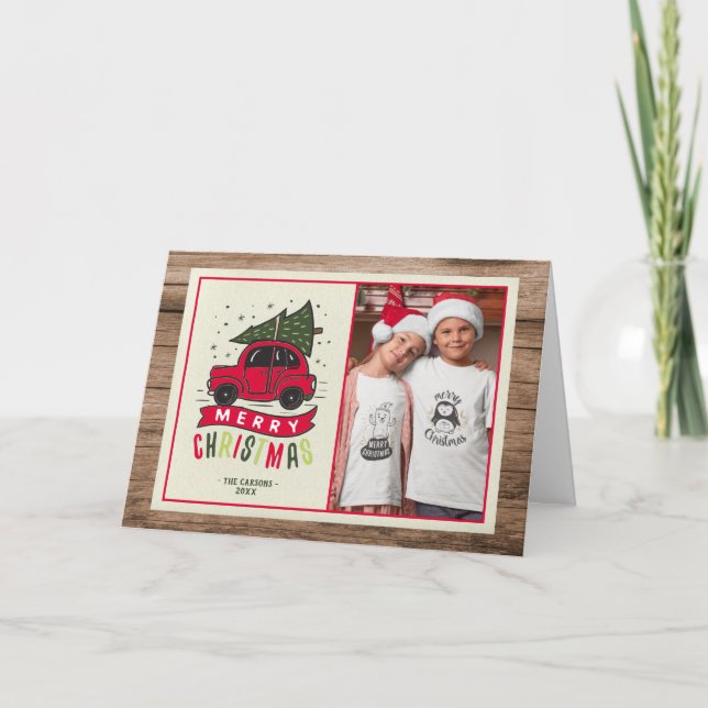 Feliz Navidad Coche Rojo Foto De Madera Rústica (Anverso)