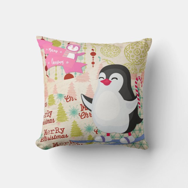 Feliz Navidad, Cojín decorativo rosa pingüino (Anverso)