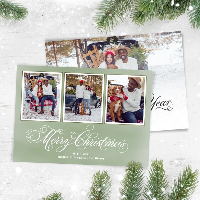 Feliz Navidad Collage de fotos de Guión Verde (Merry Christmas fancy calligraphy script vertical multi photo card. )