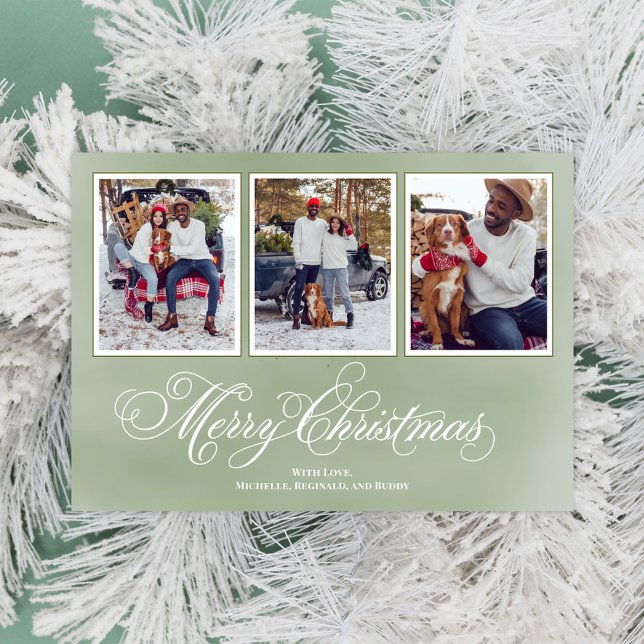 Feliz Navidad Collage de fotos de Guión Verde (Merry Christmas fancy calligraphy script vertical multi photo card. )