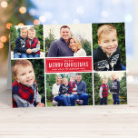 Feliz Navidad Collage de fotos rojo moderno<br><div class="desc">La tarjeta de Navidades plegados de estilo sencillo y moderno cuenta con seis (6) fotos,  texto personalizado en todas partes,  franjas elegantes y un acento de diseño de copos de nieve en el interior. Colores: rojo y blanco de vacaciones</div>