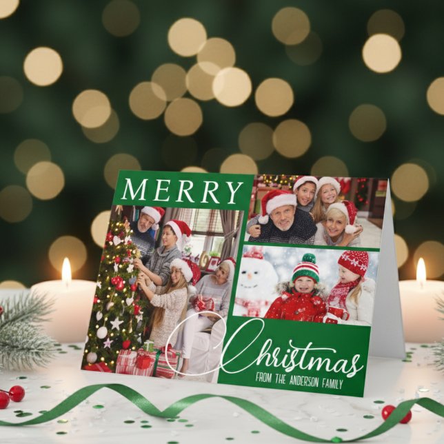 Feliz Navidad Collage de fotos Verde (Merry Christmas Festive Green Photo Collage Holiday Card)