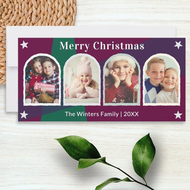 Feliz Navidad Colores oscuros 4 Fotos Gallery (A Christmas card in plum and dark green, with custom text and 4 arch shaped frames for your photos)