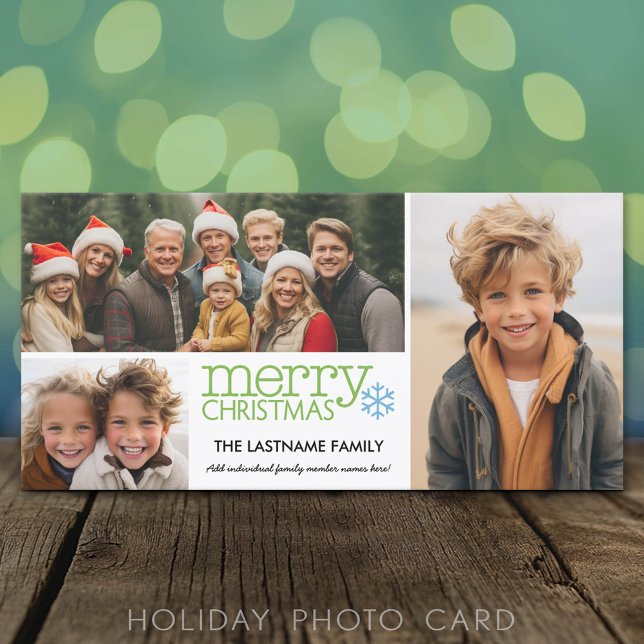 Feliz Navidad con 3 collages de fotos - verde blan (Classic Holiday Photo Card)