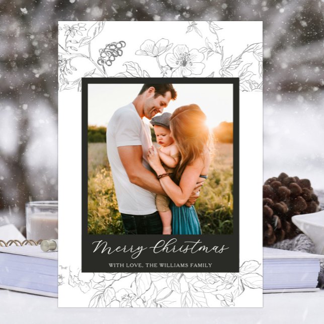 Feliz Navidad con flores blancas y negras (Modern Script Hand drawn floral Merry Christmas Holiday Photo card with black and white wildflowers)