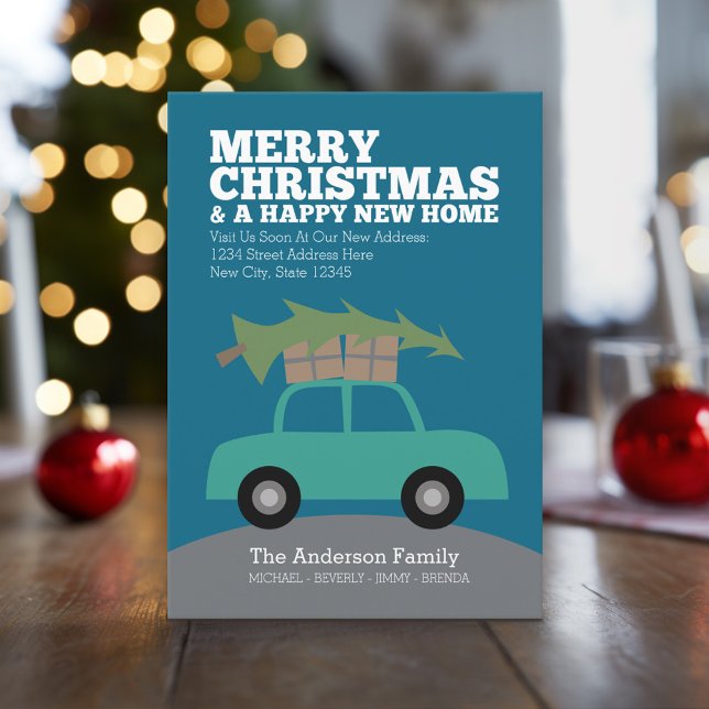Feliz Navidad con la nueva dirección de casa en mo (Holiday Moving Card with New Address and Cute Car carrying Christmas Tree)