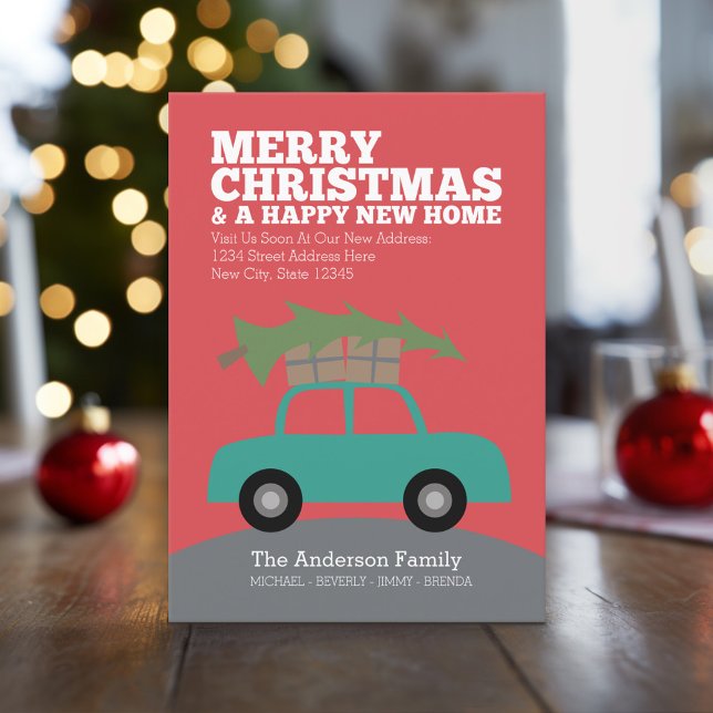 Feliz Navidad con la nueva dirección de casa en mo (Holiday Moving Card with New Address and Cute Car carrying Christmas Tree)