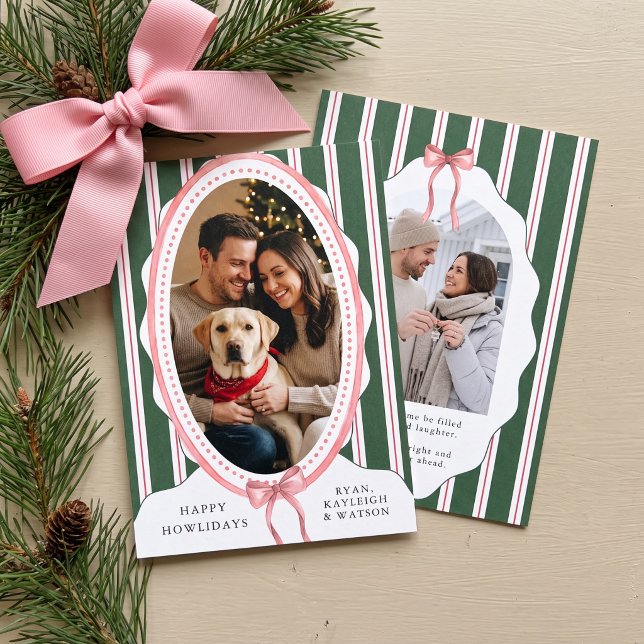 Feliz Navidad con lazo rosa para perro (Green Stripe Oval Photo Christmas Card - Preppy Coquette Holiday Collection by Darling & May)