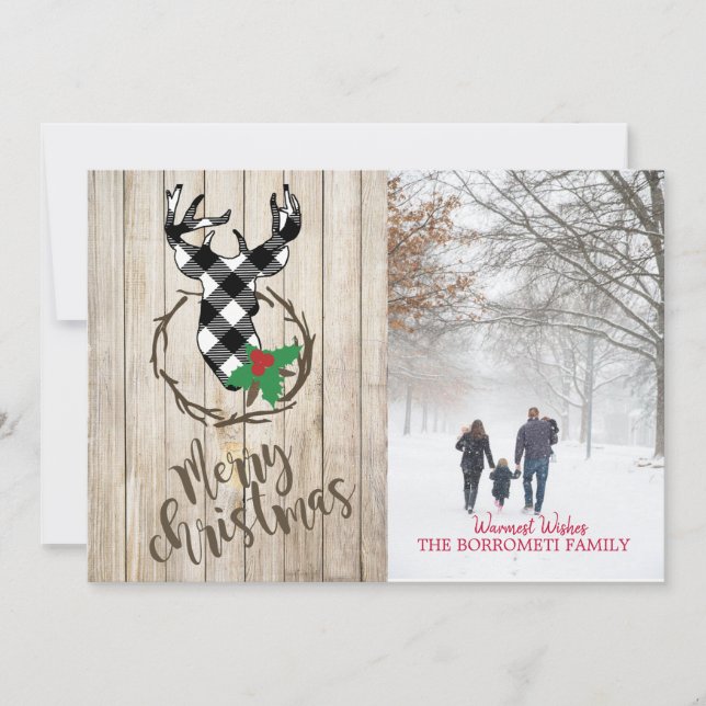 Feliz Navidad Con Tarjeta Fotográfica Plaid Deer H (Anverso)