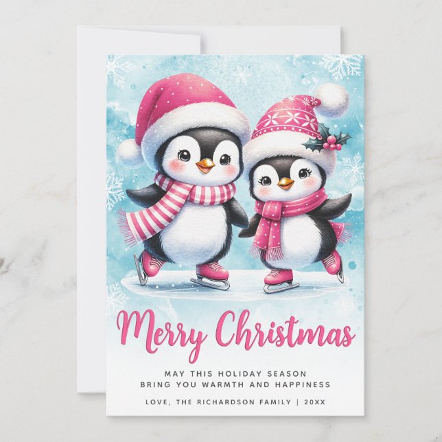 Feliz Navidad Cute Pingüino Patinadores de Hielo A (Anverso)