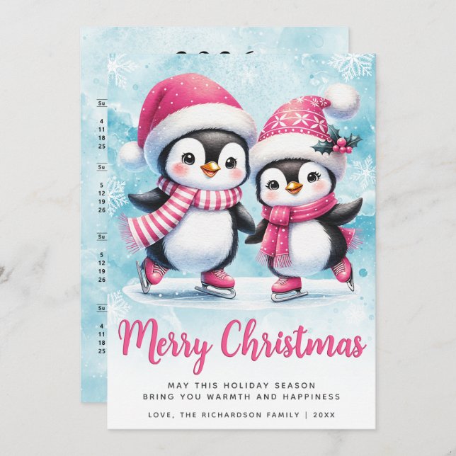 Feliz Navidad Cute Pingüino Patinadores de Hielo A (Anverso / Reverso)