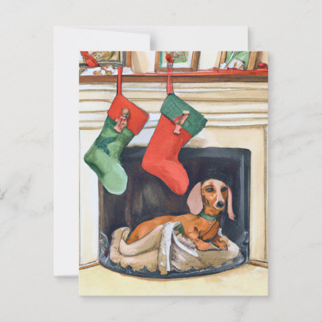 Feliz Navidad Dachshund Santa Fireplace Card (Anverso)
