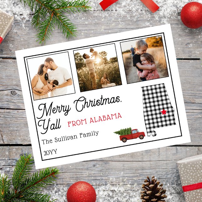 Feliz Navidad desde Alabama Photo Holiday (Rustic "Merry Christmas Y'all from Alabama" Three Photo and State Holiday Postcard)