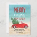 Feliz Navidad desde Florida Tropical Beach<br><div class="desc">Esta divertida tarjeta de Feliz Navidad desde Florida es nuestra versión de la fabulosa camioneta roja de nieve de las partes del mundo que están enviando esta temporada navideña. Tiene un convertible rojo — ¡arriba hacia abajo, por supuesto! — con un árbol de Navidad estirado en el asiento trasero de...</div>