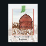 Feliz Navidad desde Indiana Barn Farm Winter<br><div class="desc">Feliz saludos navideños desde Indiana con un ilustracion acuarela de un granero de techo abovedado en un paisaje nevado con insólitas plantas de invierno acentuadas con la mano de forma estatal pintada con acuarela. Excelente manera de enviar deseos de vacaciones a amigos,  familia,  amigos,  clientes o clientes.</div>