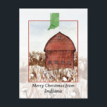 Feliz Navidad desde Indiana Barn Farm Winter<br><div class="desc">Feliz saludos navideños desde Indiana con un ilustracion acuarela de un granero de techo abovedado en un paisaje nevado con insólitas plantas de invierno acentuadas con la mano de forma estatal pintada con acuarela. Excelente manera de enviar deseos de vacaciones a amigos,  familia,  amigos,  clientes o clientes.</div>