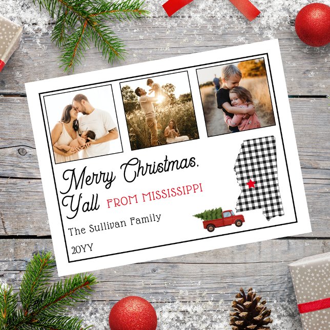 Feliz Navidad desde Mississippi Photo Holiday (Rustic "Merry Christmas Y'all from Mississippi" Three Photo and State Holiday Postcard)
