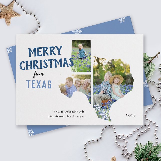 Feliz Navidad desde Texas con la tarjeta de tres f (From the state of Texas with love three photo Christmas holiday card and moving announcement)