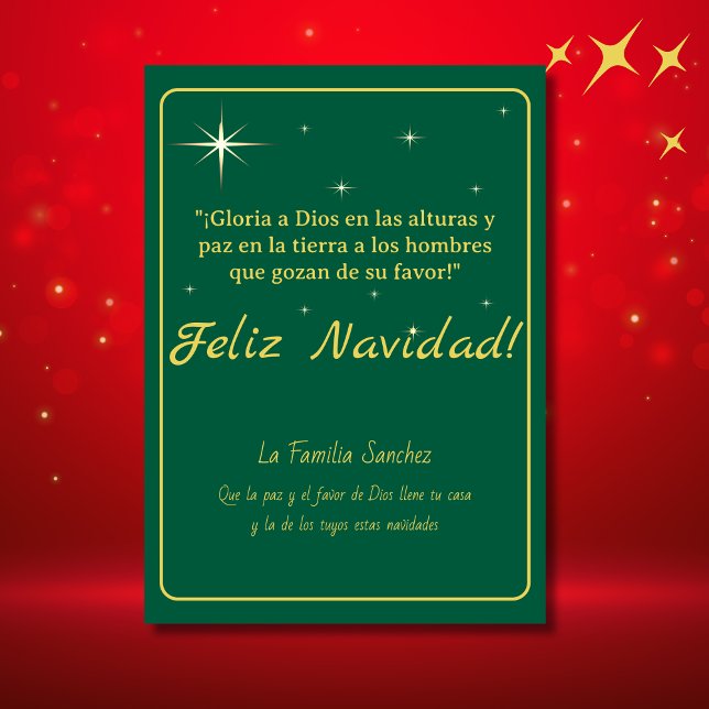 Feliz Navidad Dorado & Verde Lucas 2:14 Verso (Spanish Christmas Card Green & Golden, customizable text & greetings. Con Jesus en el camino)