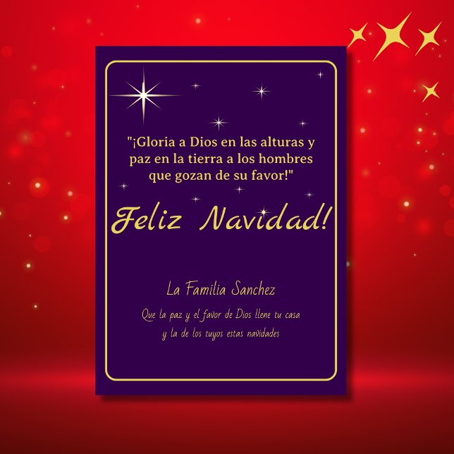 Feliz Navidad Dorado y Púrpura Lucas 2:14 Verso (Spanish Christmas Card Purple, personalized terxt & greetings with bible verse. Con Jesus en el cami)
