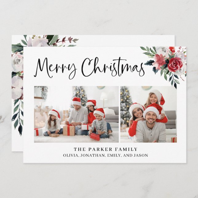 Feliz Navidad | Dos fotos y acuarela floral (Anverso / Reverso)