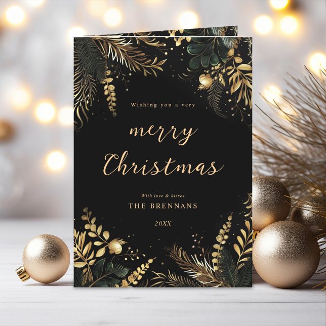 Feliz Navidad Elegante Botánico Oro Negro (Merry Christmas Elegant Botanical Black Gold Holiday Card)