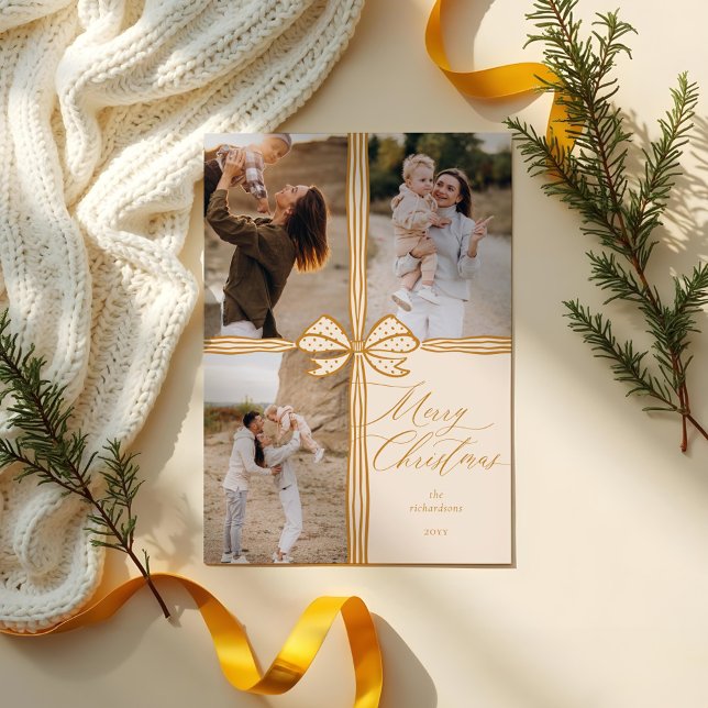 Feliz Navidad Elegante Bow Presente Collage de fot (Merry Christmas Elegant Bow Present Photo Collage Holiday Card)