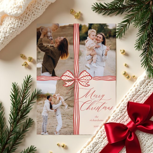 Feliz Navidad Elegante Bow Presente Collage de fot (Merry Christmas Elegant Bow Present Photo Collage Holiday Card)