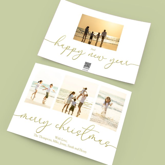 Feliz Navidad Elegante caligrafía de oro 4 foto (Merry Christmas elegant gold calligraphy four photo holiday card template. )