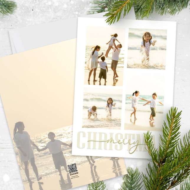 Feliz Navidad Elegante caligrafía de oro 5 Foto (Merry Christmas gold stylish calligraphy photo card with a five photo template. )