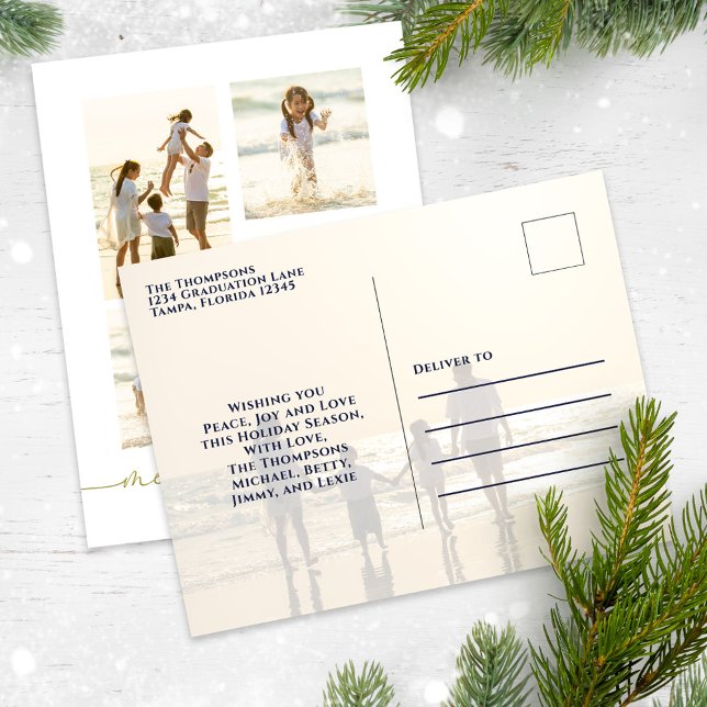 Feliz Navidad Elegante caligrafía de oro 5 Foto (Merry Christmas elegant gold five-photo template postcard. )