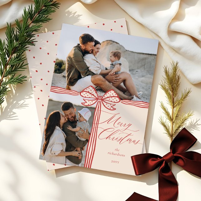 Feliz Navidad Elegante Collage de fotos Bow & Ribb (Merry Christmas Elegant Bow & Ribbon Photo Collage Holiday Card)