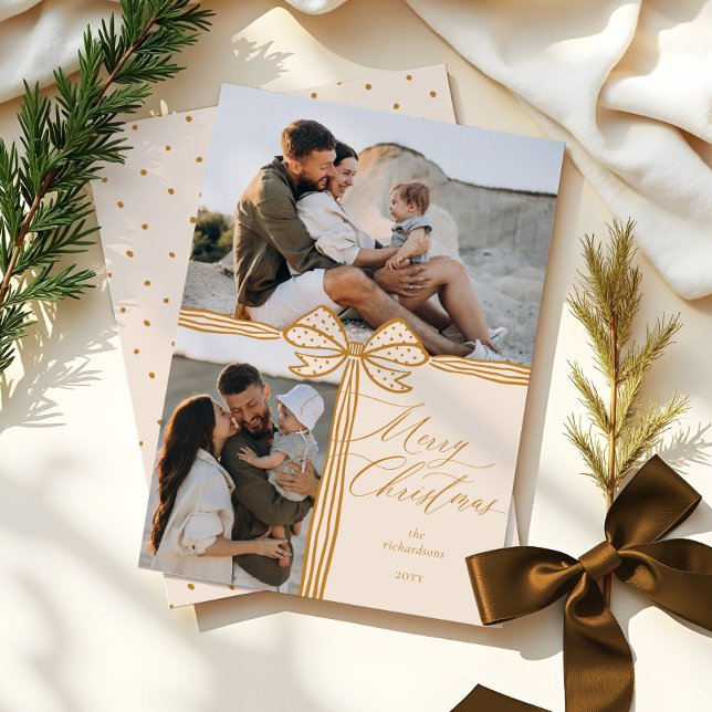 Feliz Navidad Elegante Collage de fotos Bow & Ribb (Merry Christmas Elegant Bow & Ribbon Photo Collage Holiday Card)