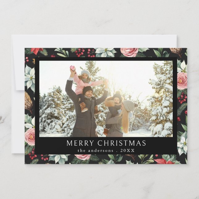 Feliz Navidad Elegante Foto de Floral Oscura (Anverso)