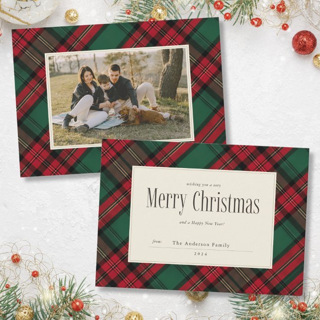 Feliz Navidad Elegante foto de la familia Plaid (Mockup ViewMerry Christmas Elegant Plaid Family Photo Holiday Card)