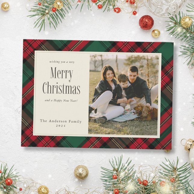 Feliz Navidad Elegante foto verde de Placa roja (Merry Christmas Elegant Green Red Plaid Photo Holiday Card)