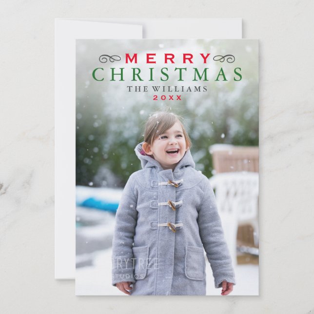 Feliz Navidad Elegante foto verde y roja (Anverso)